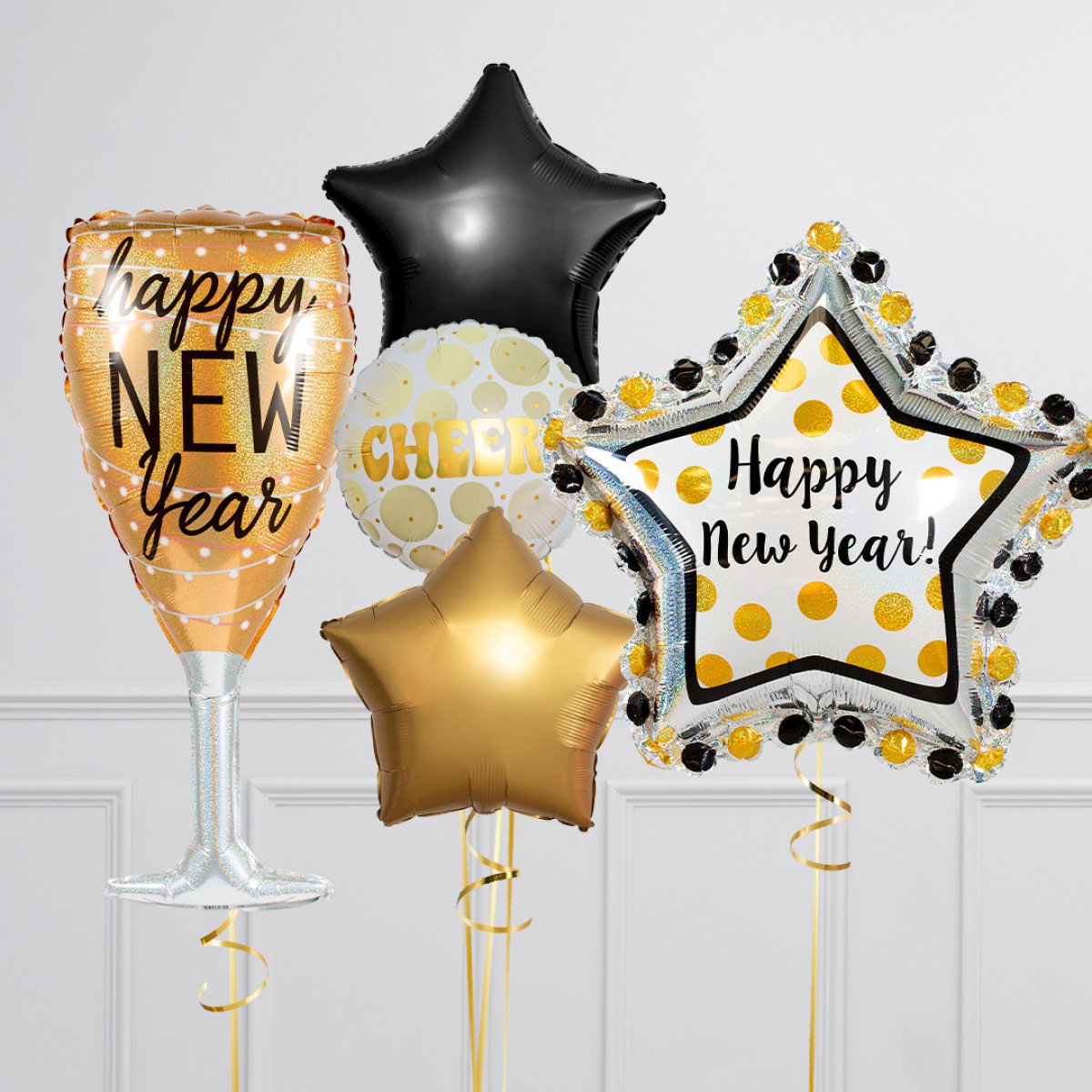 White, Black and Gold New Year's Eve Balloon Set - Champagne Glass, Star Balloons, and 'Happy New Year' Designs