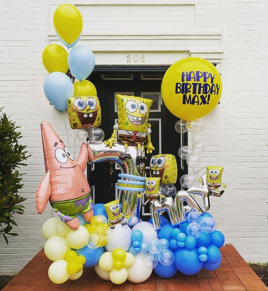Personalised Balloon Yellow with Sticker Helium with Platform Silver Number '7' Custom Balloon with Spongebob and Patrick accents, Yellow and Blue Helium Latex Bunch - Spongebob-Themed Perfect for Any Milestone Celebrations!