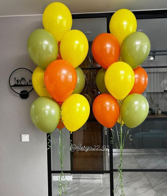 Latex Helium Bunch Yellow, Olive Green and Orange with Green Strings - Perfect for Special Occasions!