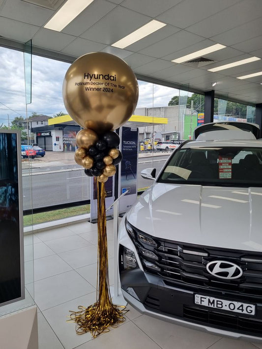 Personalised Company Logo Sticker Balloon Black and Light Gold with Starburst and Tassels accents Pillar/Column/Tower - Corporate Event, Grand Opening, Company Event Perfect for special occasion!