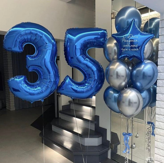 Helium Balloons Two Number Set Blue '35' with Latex Chrome Blue and Silver with Star-Shaped with Customize Sticker Bunch - Perfect for any Occasions!