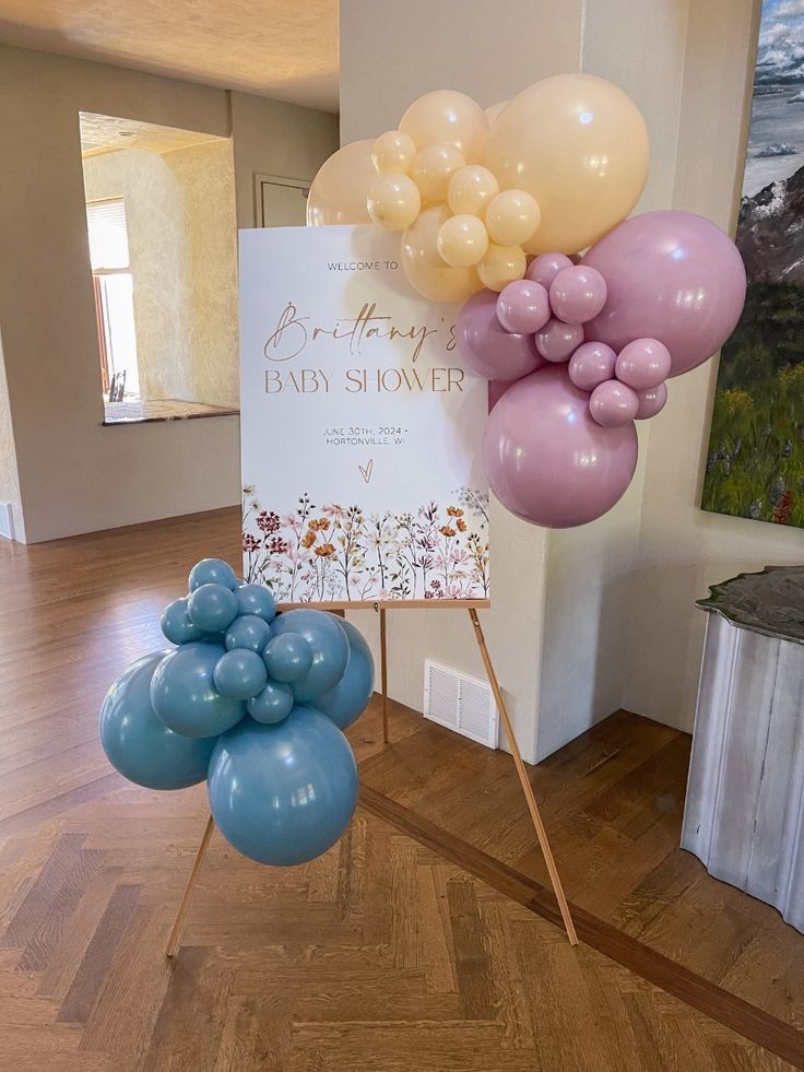 Customizable Canvas with Wooden Stand Welcome Board and Organic Balloon Blue, Yellow and Purple Arrangement - Perfect for any occasions!