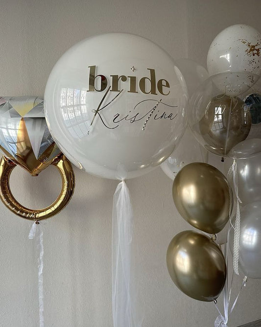 Personalised Clear with White Latex and Customize Sticker, Engagement Gold Diamond Ring and Helium Bunch 18-inch Clear with White with Confetti and Pearl White - Bridal Shower Perfect for Special Occasions!