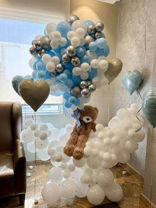 Personalised Customizable Teddy Bear with Balloon Cloud Designed Blue, White and Silver - Hospital Setup, Perfect for special occasion