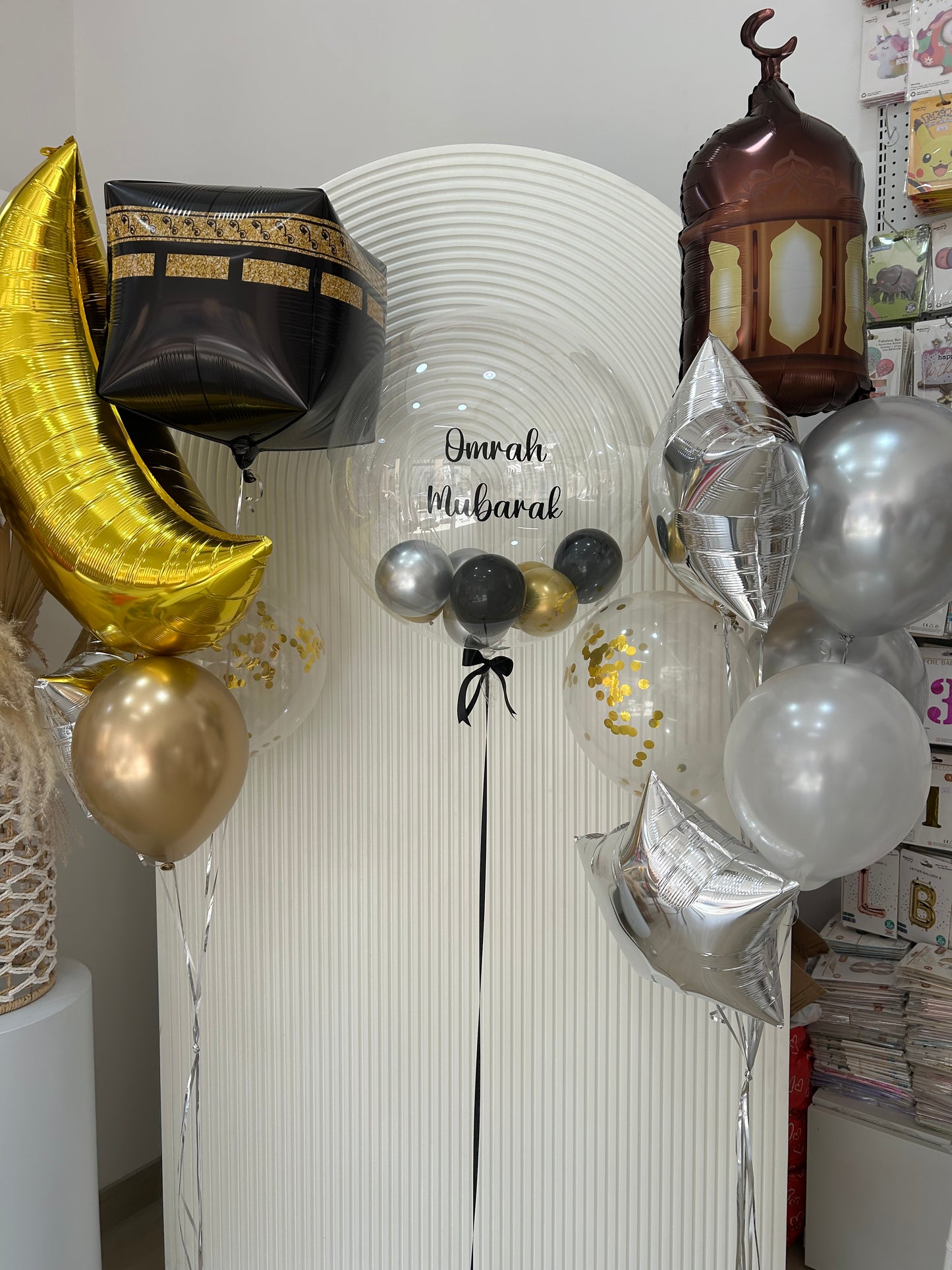 Personalised Helium Balloon Silver Black Light Gold Clear with Confetti Pearl White Sticker ‘Omrah Mubarak’ Silver Star Gold Moon Kabaa - Surprising Gift Celebrate Decor