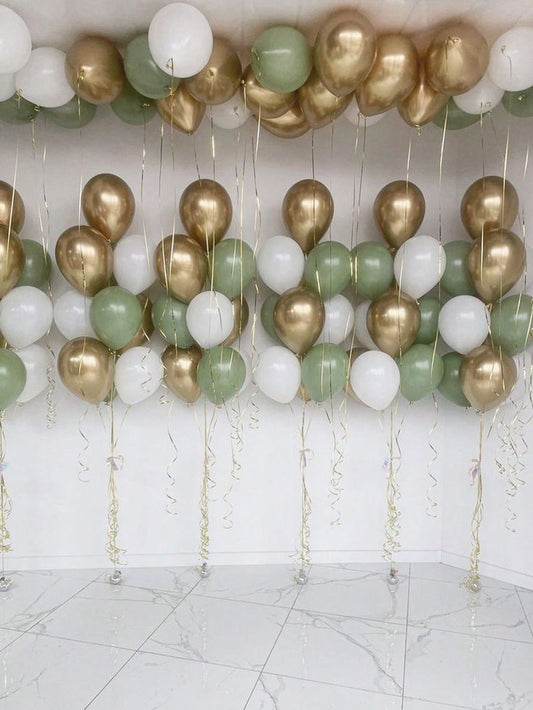 Latex Helium Ceiling and Bunch Olive Green, Light Gold and White with Gold Strings - Perfect for Special Occasions!