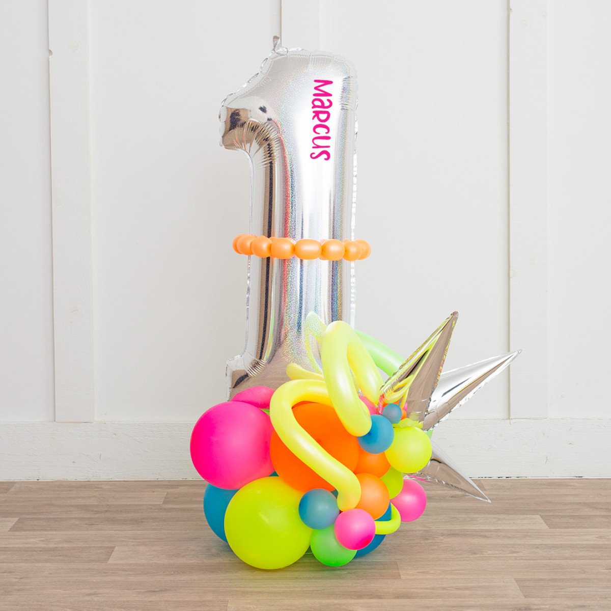 Silver, Yellow, Orange Pink and Blue Number Balloon on Stand ‘1’ with Star Accents – Customizable Design and Sticker