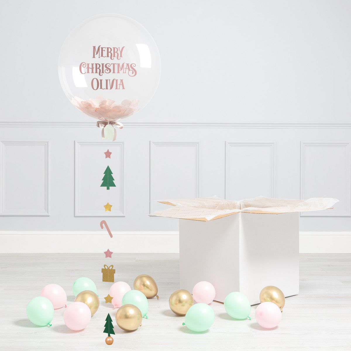 Clear with Rose Gold Confetti Personalised Helium Balloon with Mini Green, Pink and Gold Balloons - Perfect for Christmas Celebration with Customizable Sticker