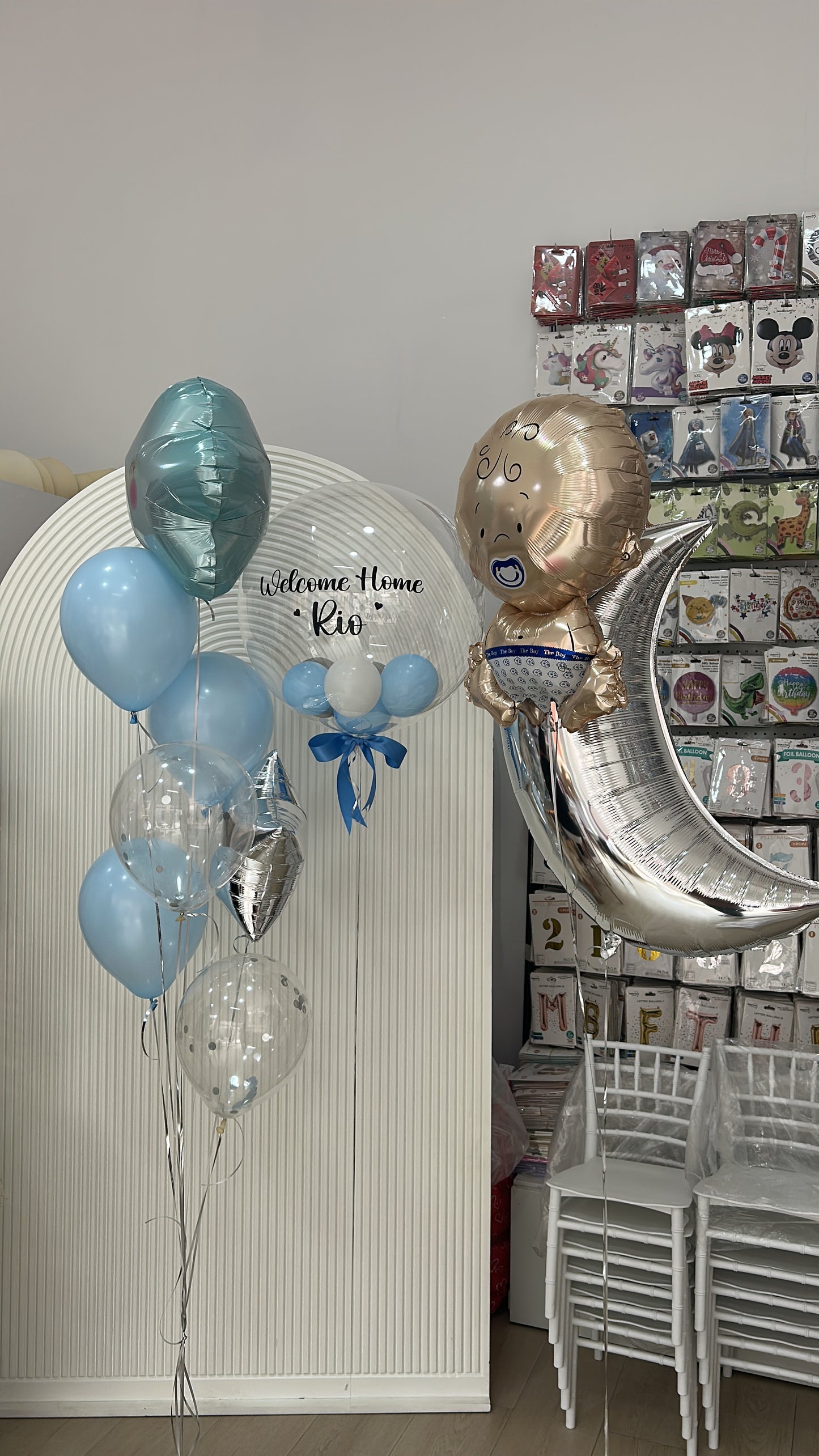Personalised Clear with Mini Latex, Sticker and Latex Bunch Blue and Clear with Confetti, White Heart with Sticker and Silver Star, Baby Boy, Blue Cloud, Silver Moon Foil Helium Balloon - Baby Shower, Perfect for special occasions!