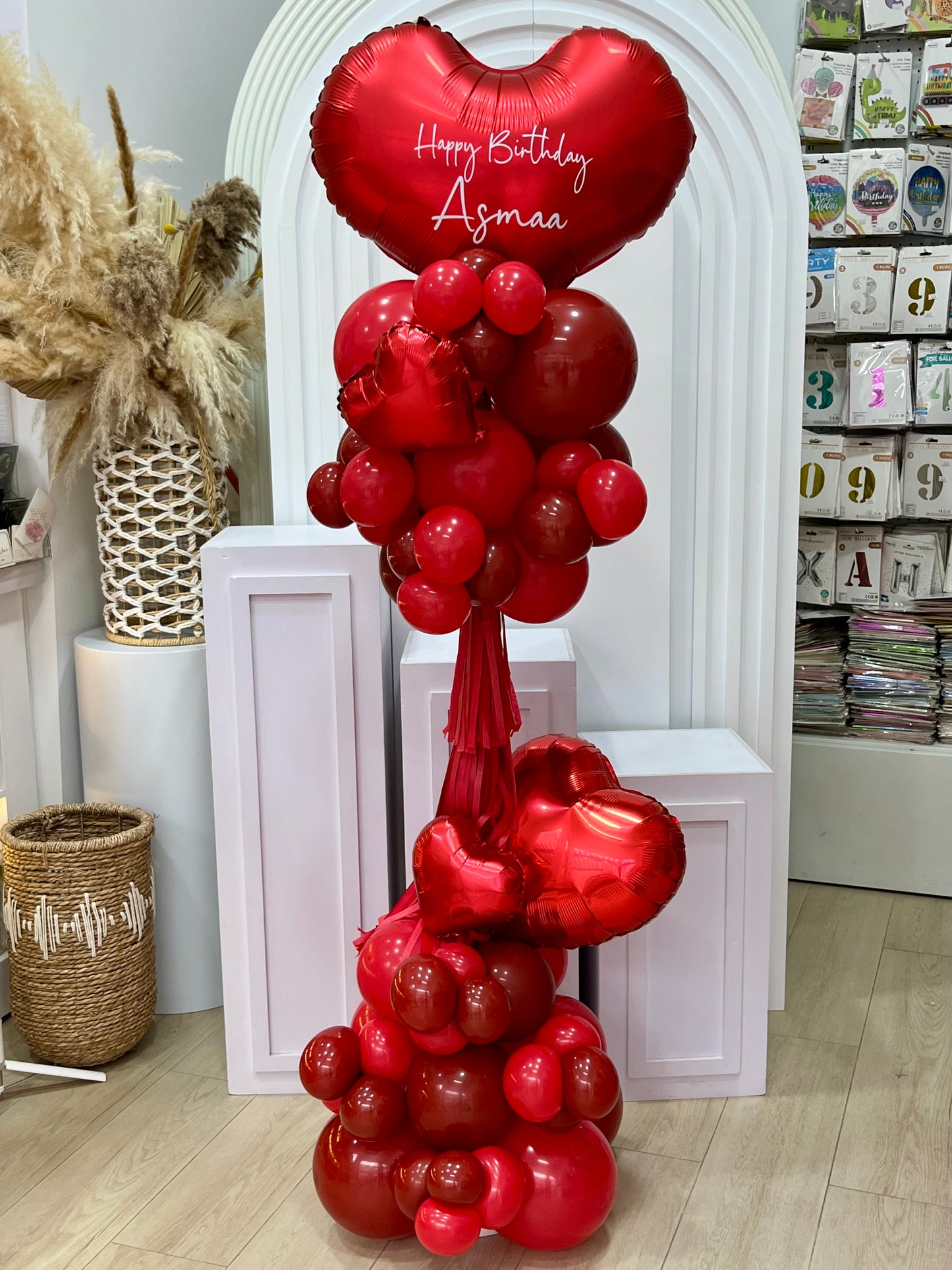 Personalised Heart with Red and Maroon Confetti and Balloon with Tassels Accents Pillar/Column/Tower – Perfect for Valentine's Day, Anniversaries, Proposal, Engagement Party