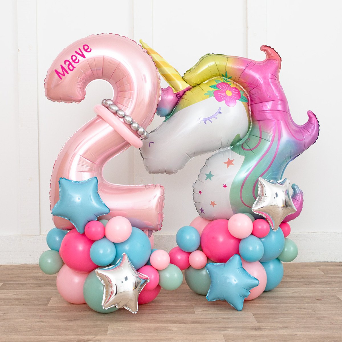 Pink, Blue, Green and Silver Number Balloon on Stand ‘2’ Unicorn-Themed – Customizable Design and Sticker