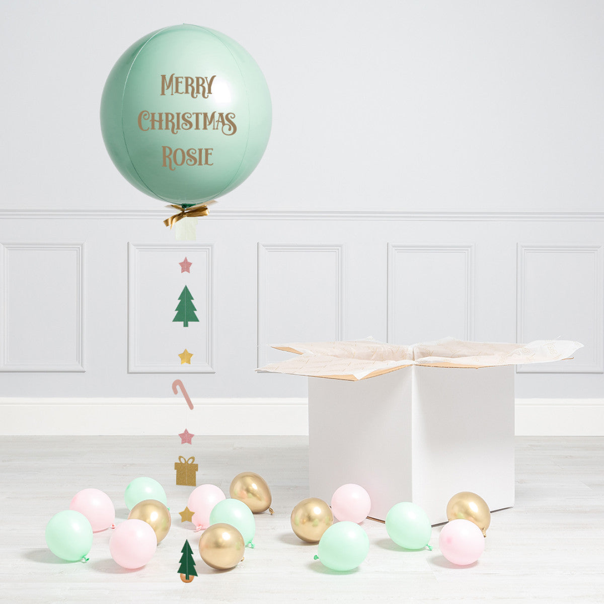 Green Personalised Helium Balloon with Mini Green, Pink and Gold Balloons - Perfect for Christmas Celebration with Customizable Sticker