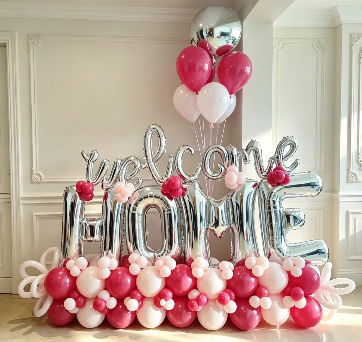 Platform Silver 'WELCOME HOME' with Latex Pink and Deep Pink with Helium Silver Orbs and Latex Bunch – Customizable Design