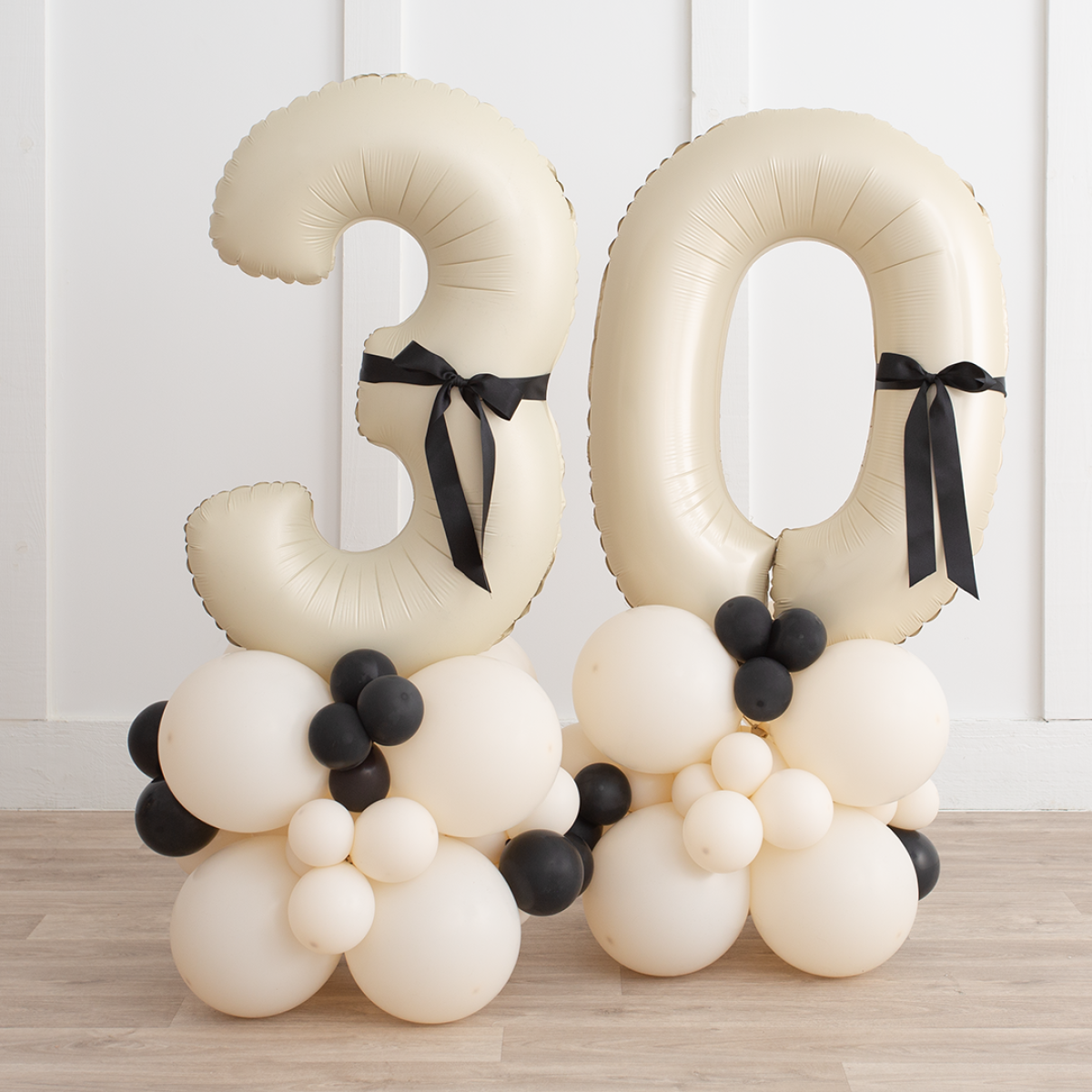 Beige, White and Black Number Balloon on Stand '30' with Ribbon Accents