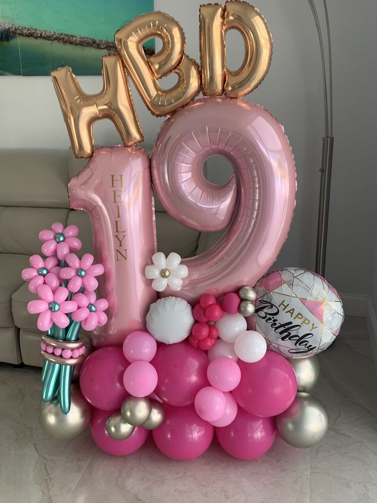 Platform Pink Numbers '19' with Latex Pink, Light Gold and White Customize Sticker, 'Happy Birthday' Foil, Gold Letters 'HBD' and Customize Flower Balloons – Customizable Design