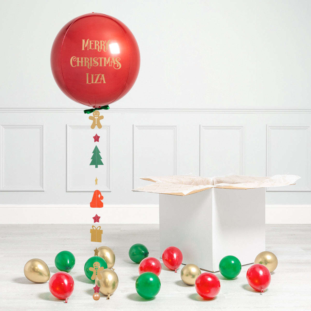 Red Personalised Helium Balloon with Mini Gold, Green and Red Balloons - Perfect for Christmas Celebration with Customizable Sticker