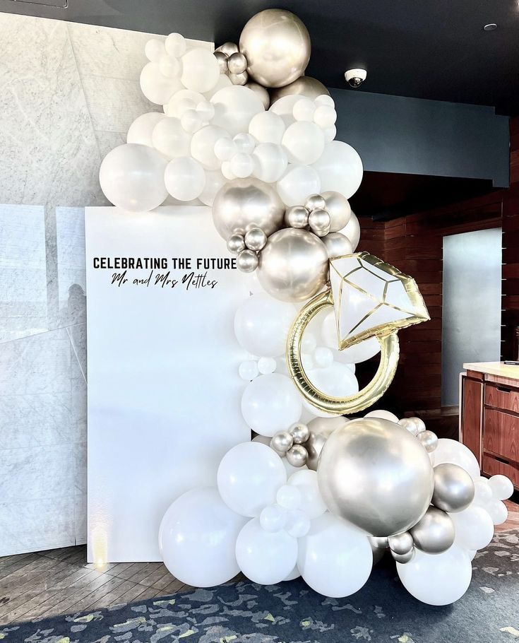 Customizable Board Backdrop with Balloons Light Gold and White with Diamond Ring Foil Balloon accents - Perfect for any celebration!