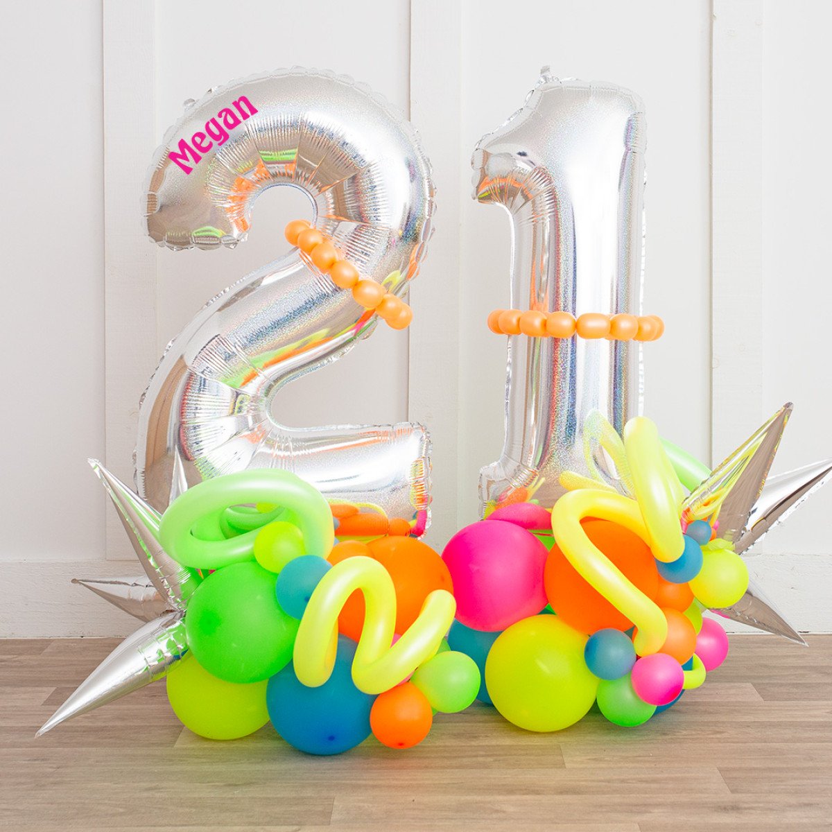 Silver, Green, Blue, Pink and Yellow Number Balloon on Stand ‘21’ – Customizable Design and Sticker