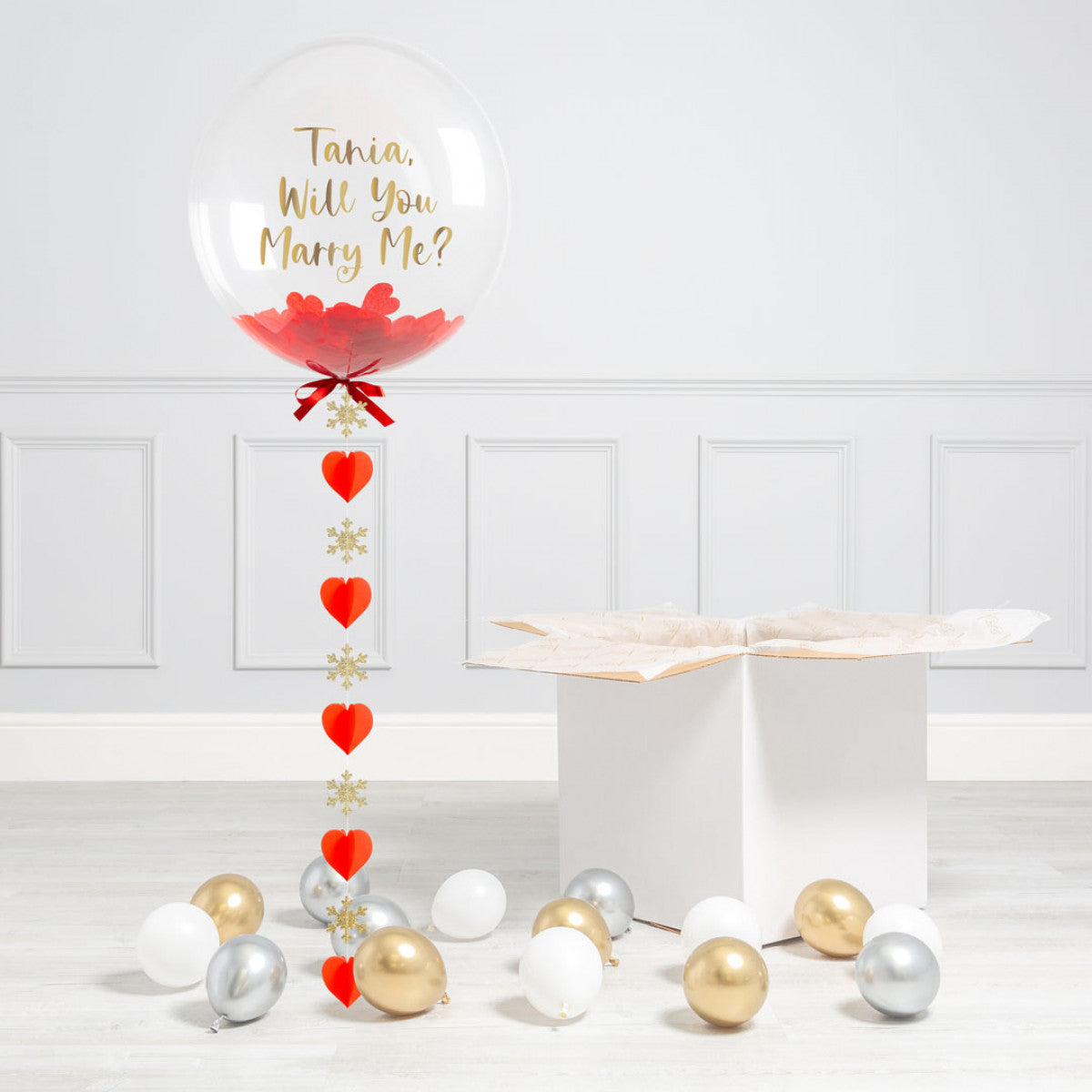 Clear with Confetti Personalised Helium Balloon with White, Gold and Silver - Perfect for Christmas Celebration with Customizable Sticker