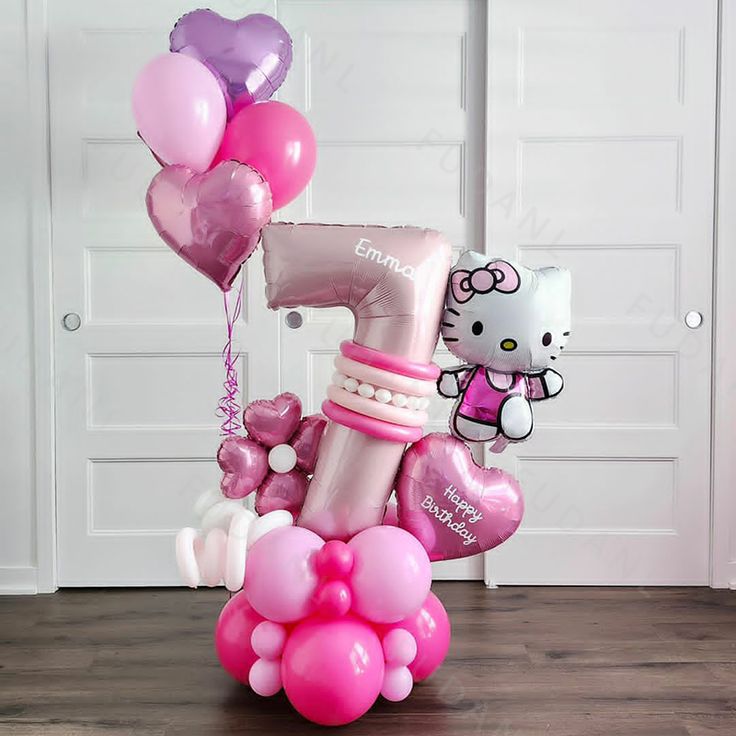 Platform Pink Number '7' with Latex Pink and White with Hello Kitty, Heart Foil accents and Helium Heart and Latex Bunch - Customizable Sticker and Balloons Design Perfect for special occasions!