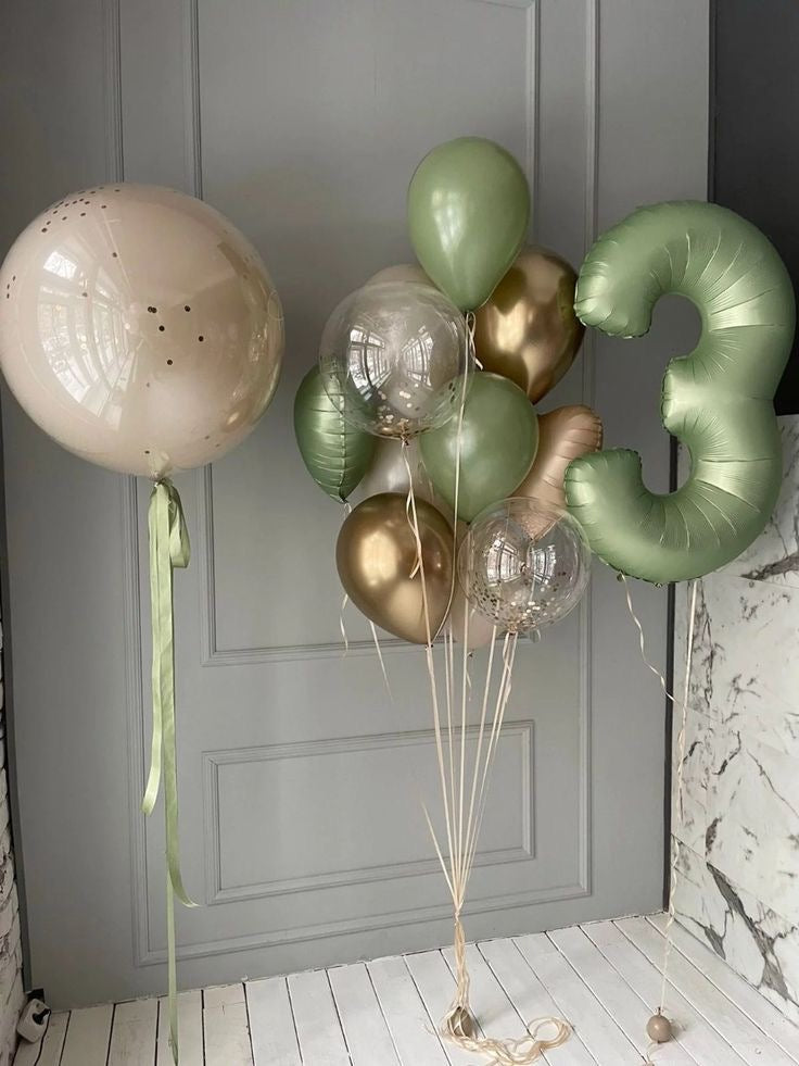 Personalised Helium Balloon Clear with Green, Light Gold and Sand White Latex&Heart-Shaped Foil in Bunch, Green ‘3’ Number Balloon with Tassels - Perfect for any Occasions