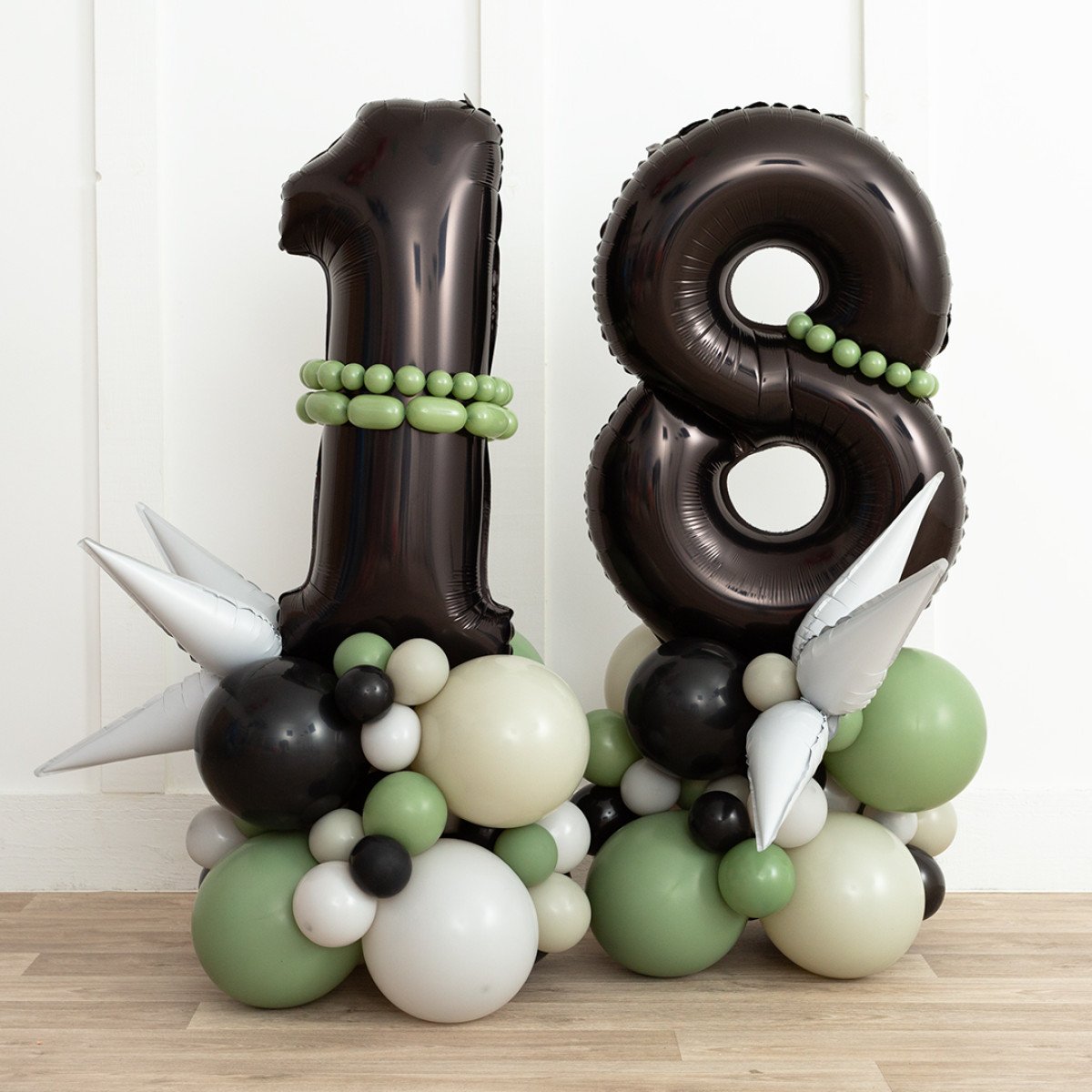 Black, White and Green Number Balloon on Stand '18' with Star Accents - Customizable and Balloon Design