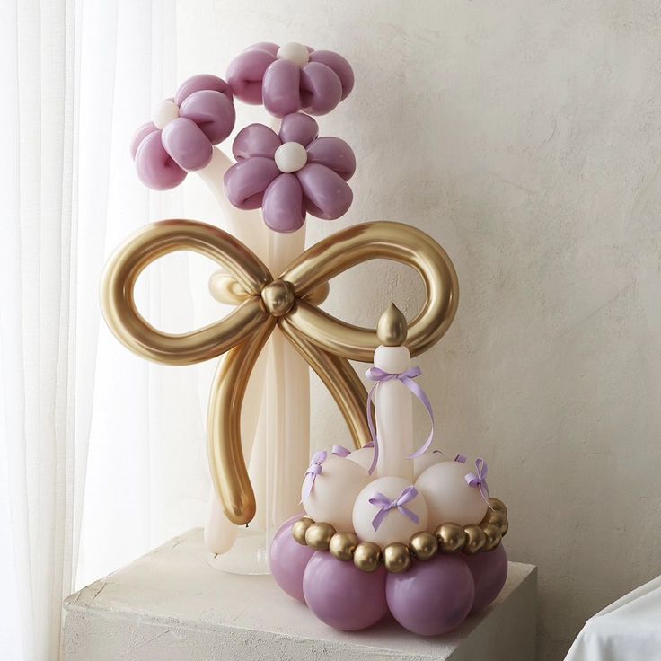 Customize Balloon Bouquet Flowers and Candle with Ribbons accents Colors Purple, Beige and Light Gold - Perfect for any special occasions!