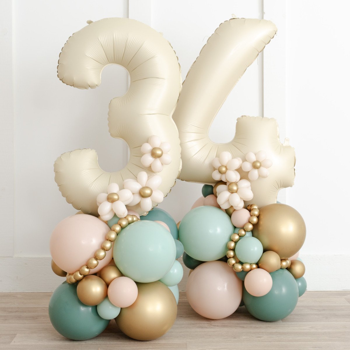 Beige, Green and Gold Number Balloon on Stand '34' Garden-Themed