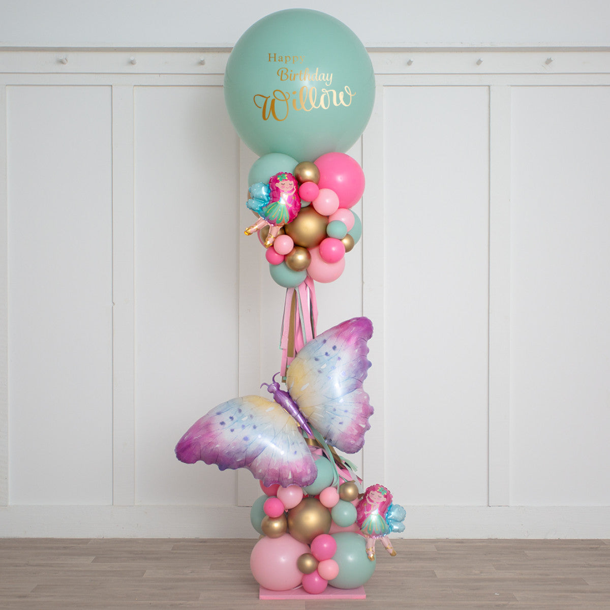 Personalised Pastel Fairy Balloon and Tassels Pillar/Column/Tower - Customizable for Any Enchanted Celebrations