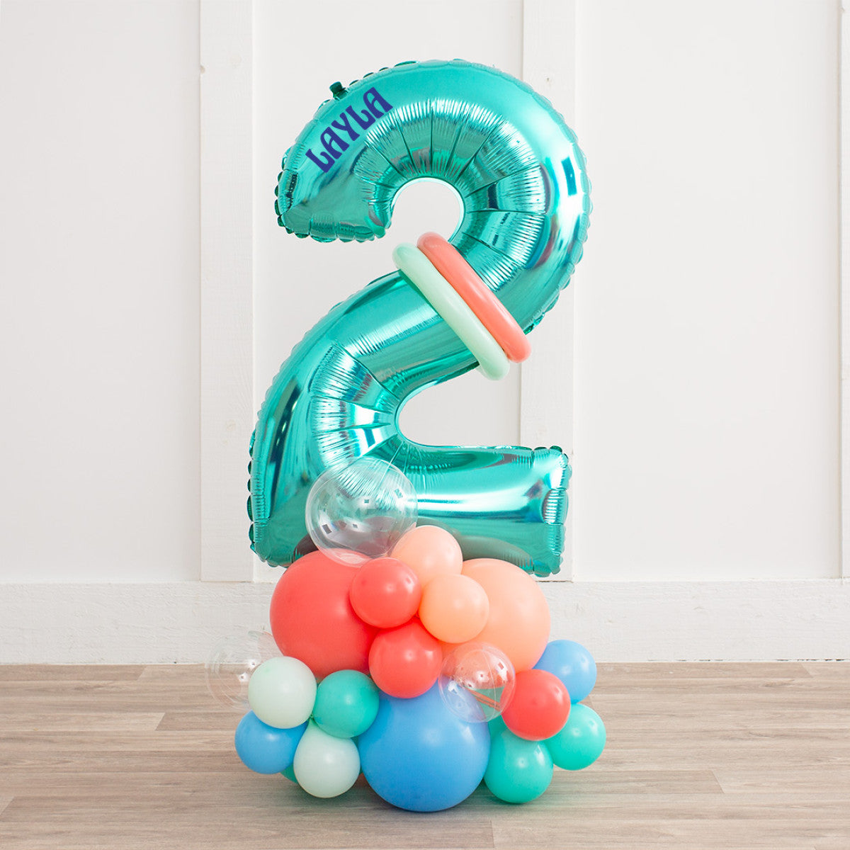 Blue, Peach, Orange and Red Number Balloon on Stand ‘2’ – Customizable Design and Sticker