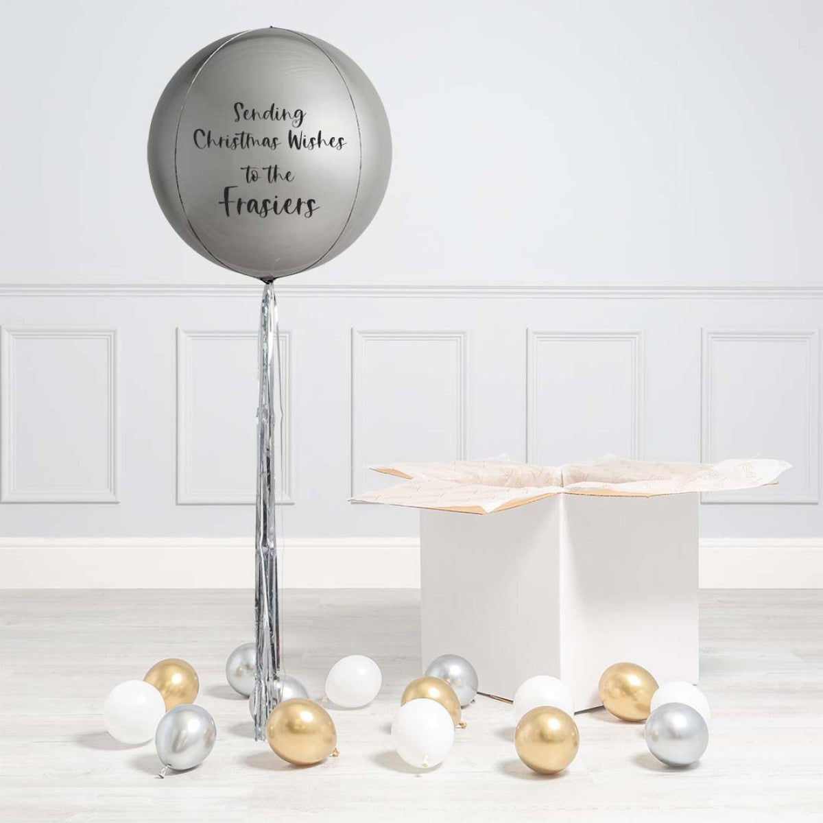 Gray Personalised Helium Balloon with Mini White, Gold and Silver - Perfect for Christmas Celebration with Customizable Sticker
