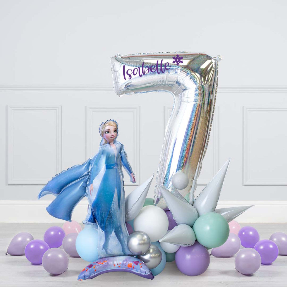 Silver, White and Purple Number Balloon on Stand '7' Frozen-Themed - Customizable Sticker and Balloon Design