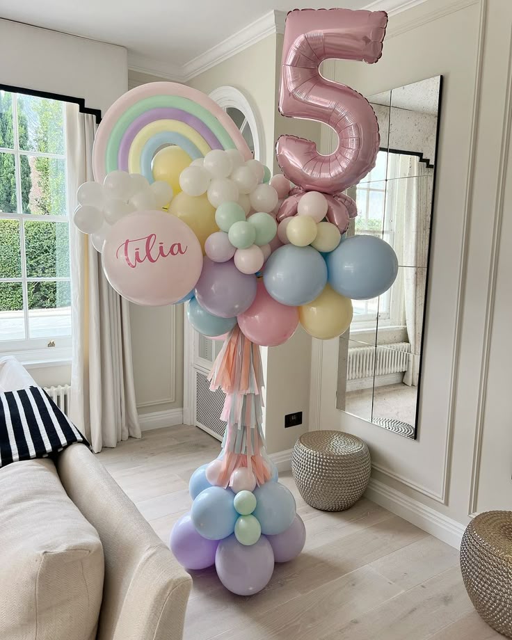 Pillar/Tower/Column Balloons Blue, Purple, Pink and Green with Customize Sticker, Designed Rainbow, Number Balloon '5' and Tassels - Customizable Design