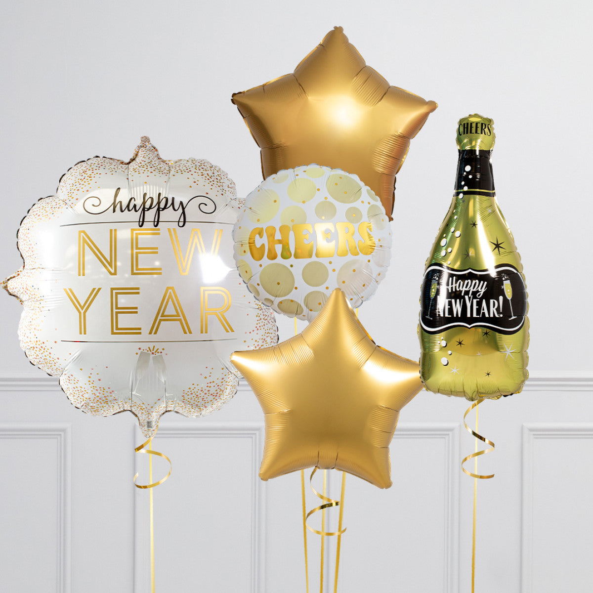 White, Black and Gold New Year's Eve Balloon Set - Star and Circle Balloons, and 'Happy New Year' Designs
