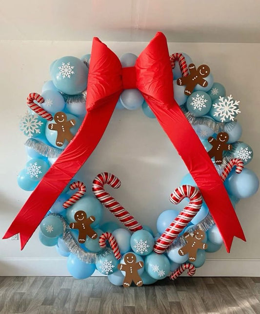 Organic Arrangement Garland Balloon Blue with Christmas Decoration accents and Customize Big Red Ribbons - Christmas Celebration Perfect for special occasion