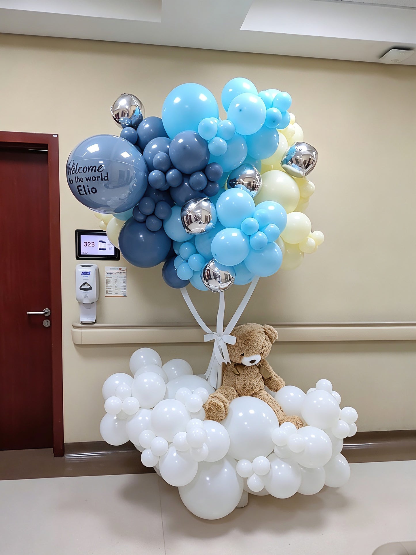 Hospital or Home Welcoming Baby Balloon Teddy Bear with Customizable Sticker Balloons Blue, White, Pastel Yellow, Silver Orbs - Perfect for special occasions Baby Shower Welcome Baby Newborn