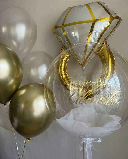 Personalised Clear with Feather and Customize Sticker, Engagement Gold Diamond Ring and Helium Bunch Gold and Pearl White Latex - Bridal Shower Perfect for Special Occasions!