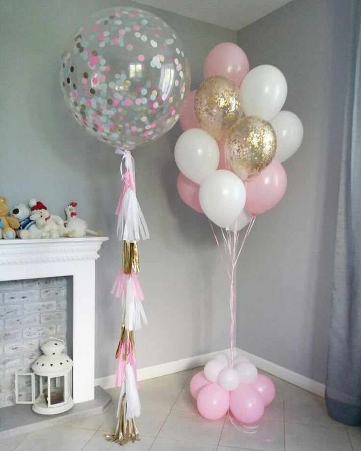 Helium Balloon Set of 36-inch with Confetti and 15pcs 10-inch Colors Pink, White, Clear with Gold Confetti and Mini Latex Accents with Tassels - Perfect for any Occasions