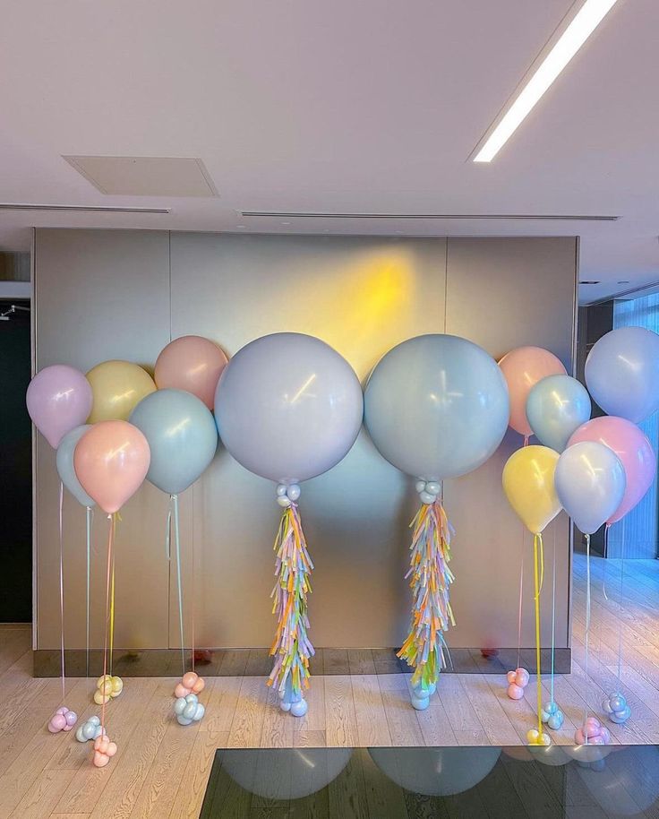 Helium Balloon Set of 18-inch, 36-inch and 10-inch Pastel Colors Pink, Blue, Yellow, Purple with Tassels and Mini Latex Accents - Perfect for any Occasions