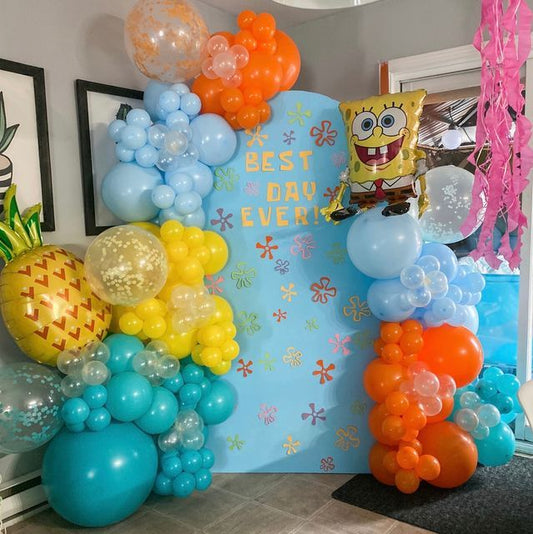 Customizable Board Backdrop with Balloons Clear, Clear with Confetti, Yellow, Blue and Orange with Pineapple and Spongebob Accents SpongeBob-Themed - Perfect for any occasions