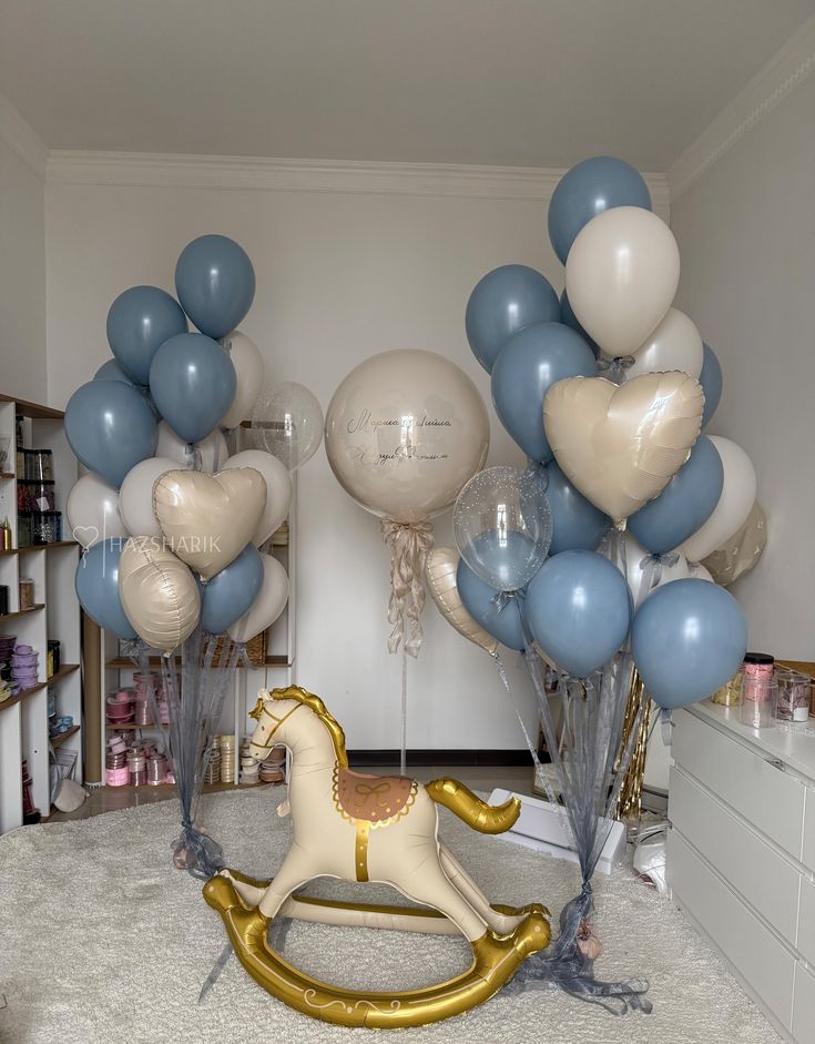 Personalised Helium w/ Customize Sticker Helium Blue Beige Latex Biege Heart Bunch Rocking Horse Carousel Balloon Self Standing Foil Balloon - Baby Shower, Welcoming Baby Perfect for any celebrations!