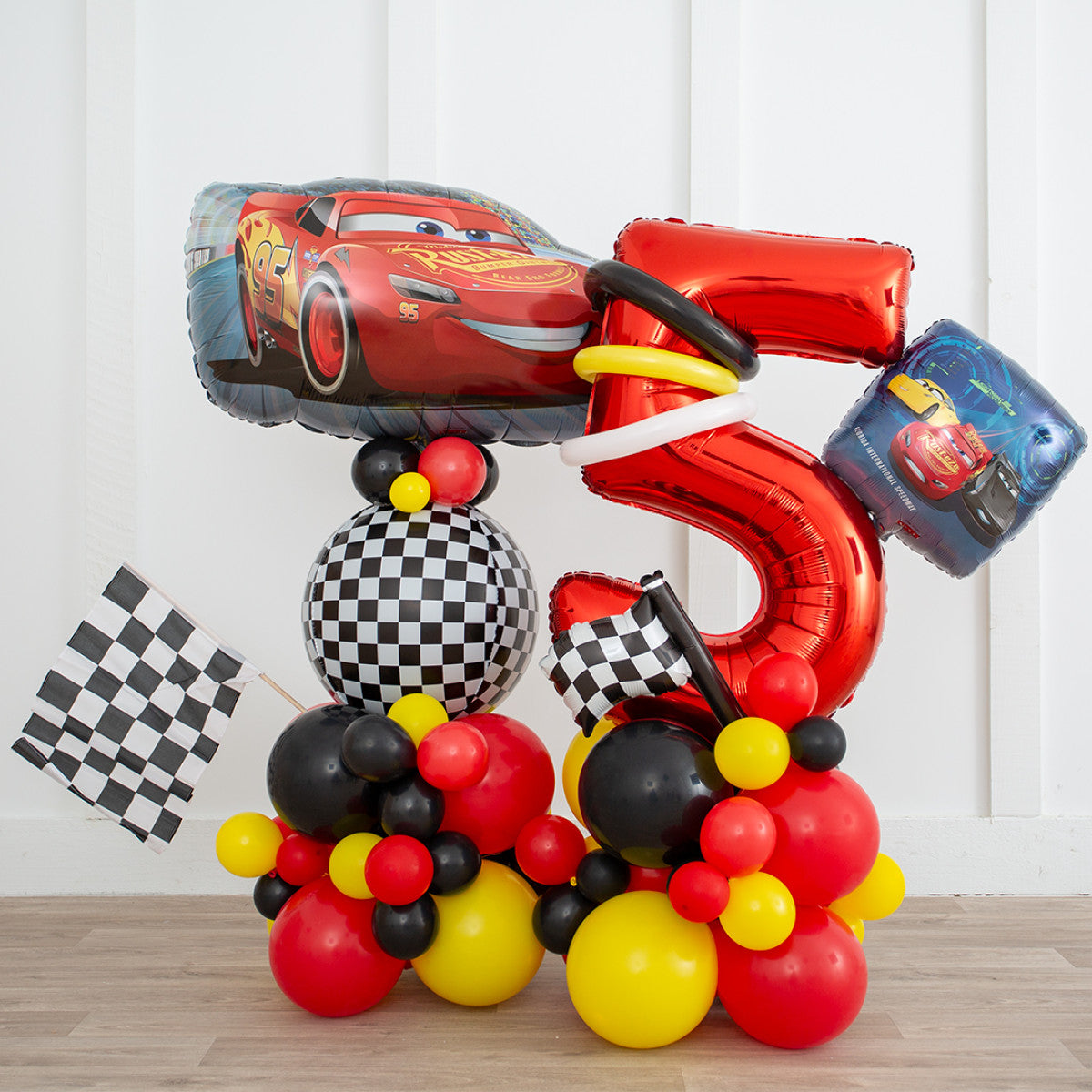 Red, Blue, Black and Yellow Number Balloon on Stand '5' Cars-Themed - Customizable Sticker and Balloon Design