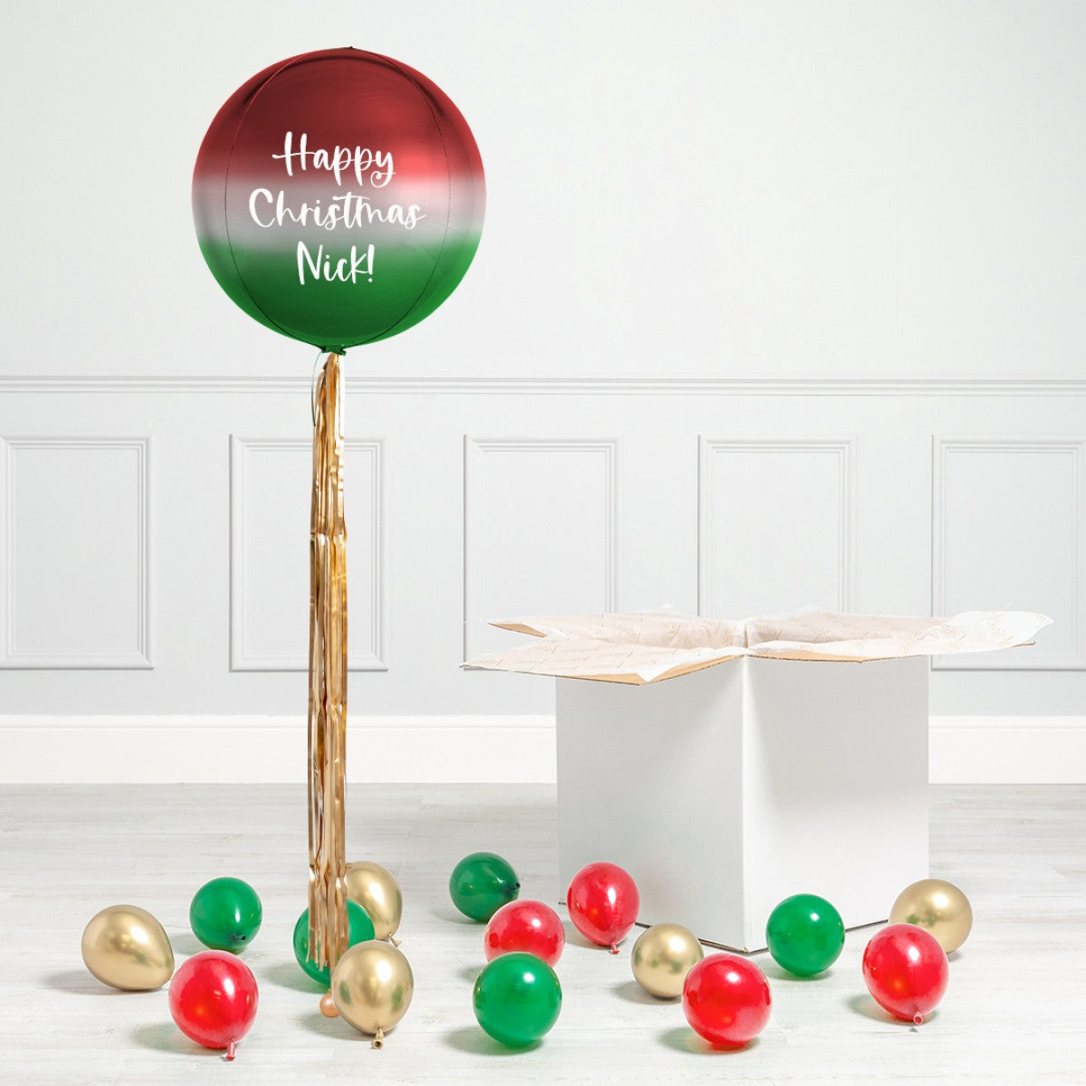 Personalised Helium Balloon Red, White and Gray Ombré with Mini Gray, Green and Gold Balloons - Perfect for Christmas Celebration with Customizable Sticker