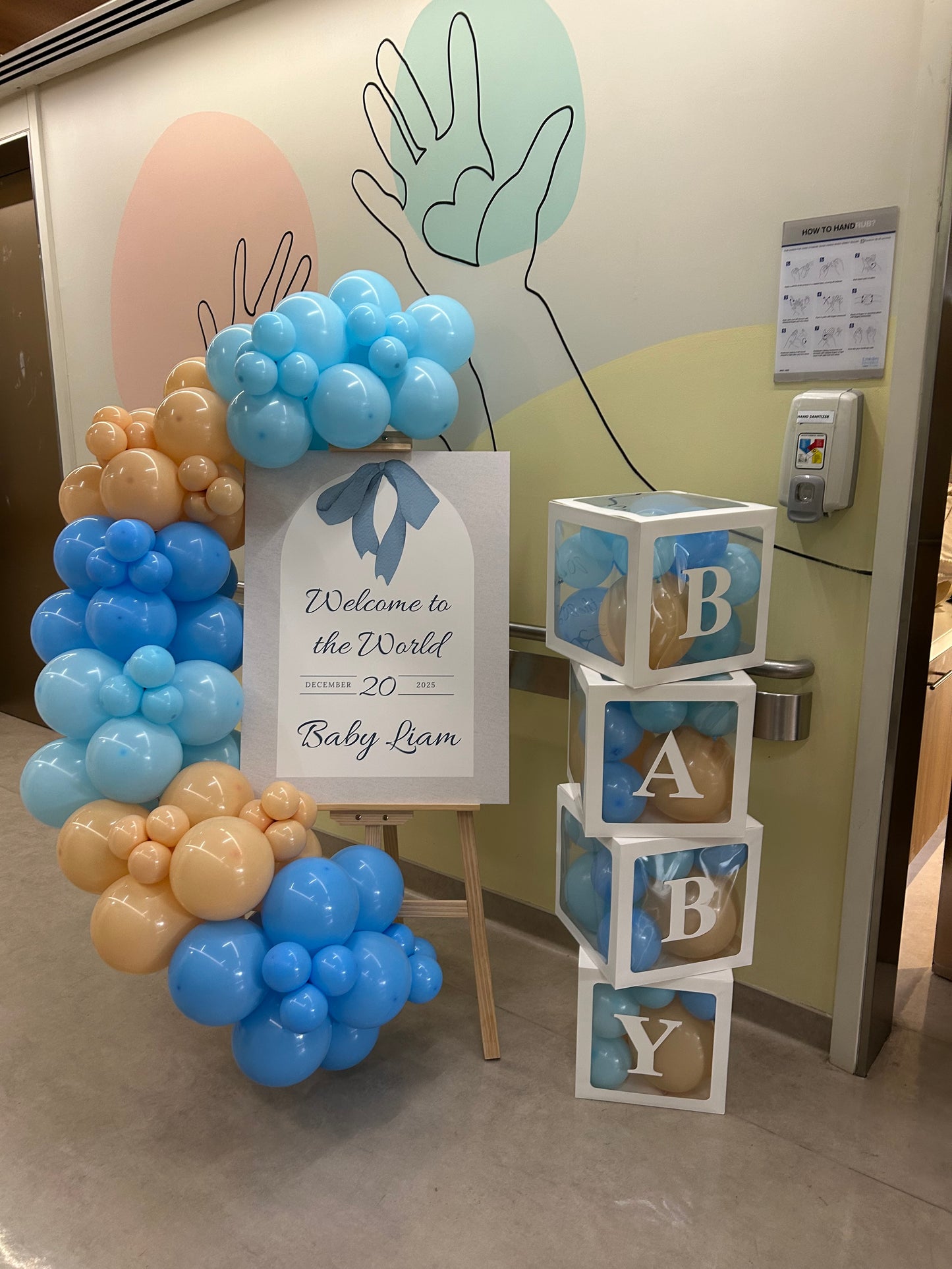Hospital Setup Baby Shower Balloon Blue and Nude with BABY Box with Mini Balloons and Customizable KT Board Decor Setup - Perfect for special occasions