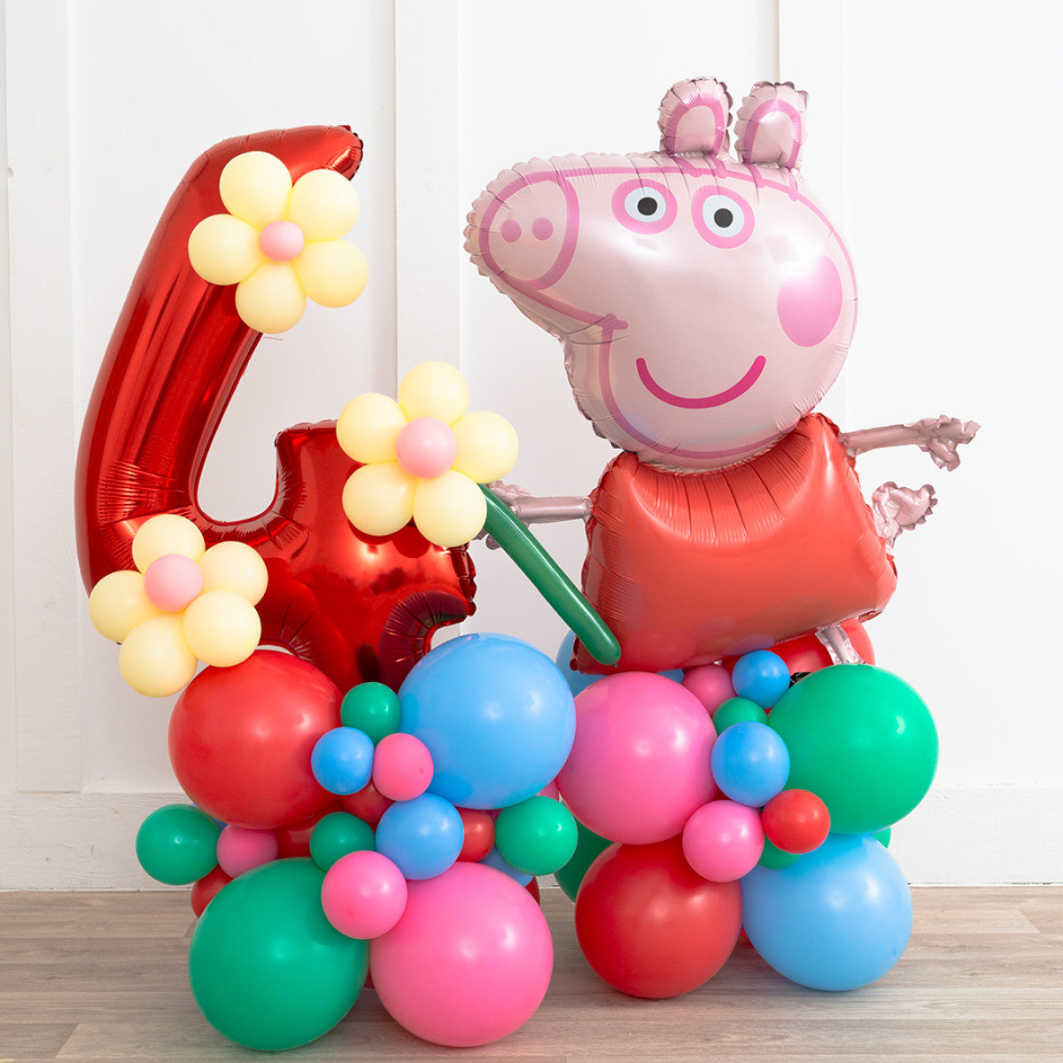Red, Pink, Yellow, Blue and Green Number Balloon on Stand '4' Peppa Pig-Themed with Flower Accents