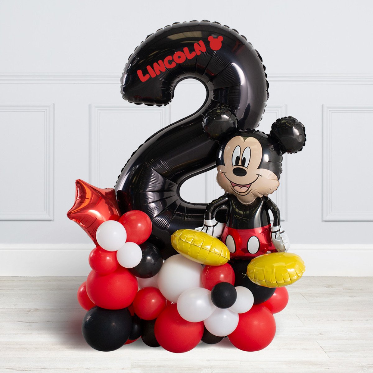 Red, Black and White Number Balloon on Stand '2' Mickey Mouse - Customizable Sticker and Balloon Design