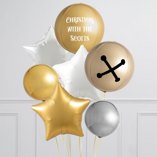 Personalised Helium Balloon - Gold, White and Silver Metallic and Stars Christmas Balloons with Customizable Sticker