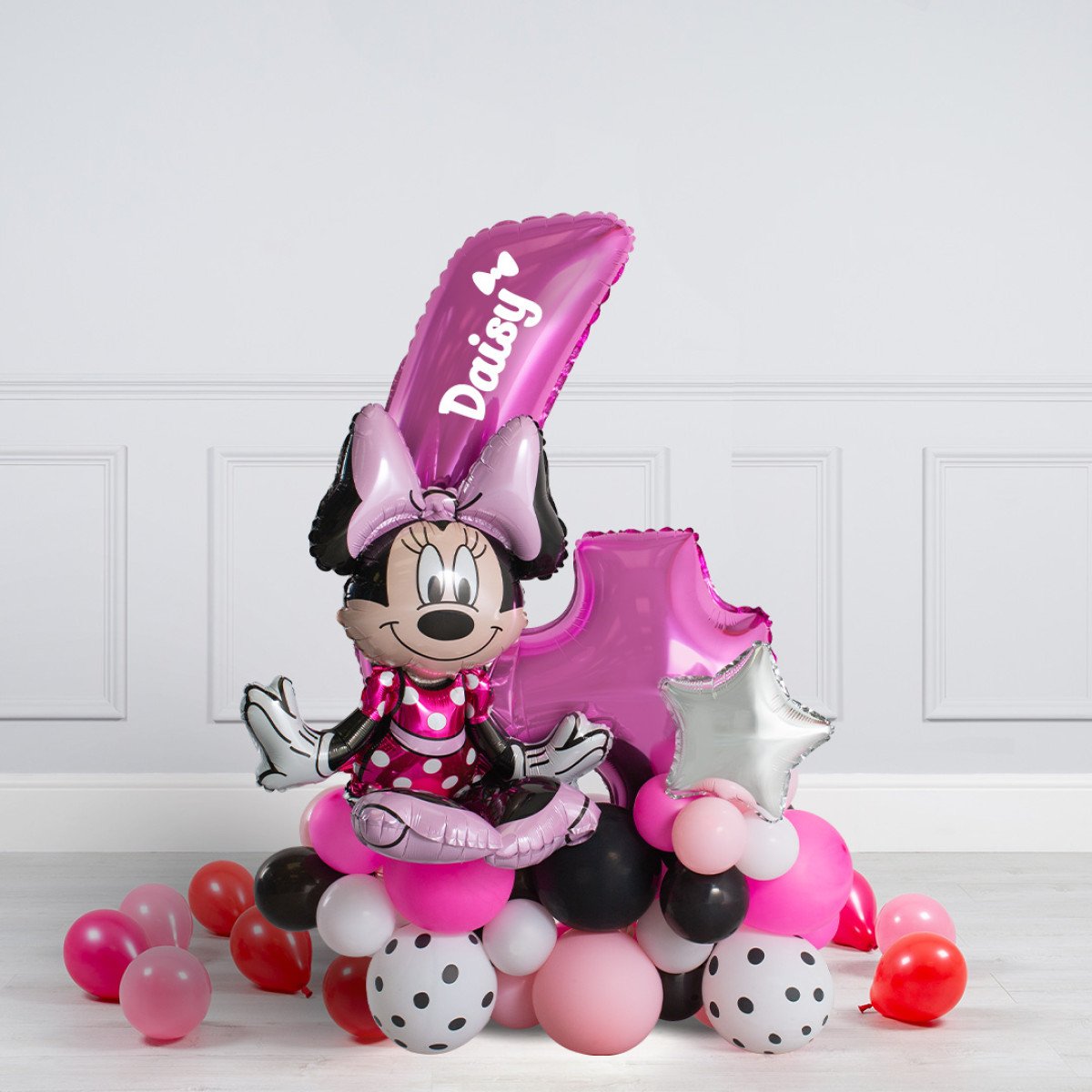 Pink, White and Red Number Balloon on Stand '4' Minnie Mouse - Customizable Sticker and Balloon Design