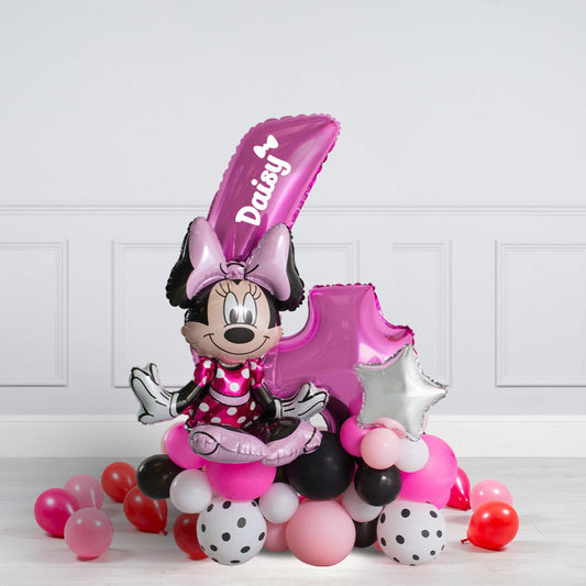 Pink, White and Red Number Balloon on Stand '4' Minnie Mouse  - Customizable Sticker and Balloon Design