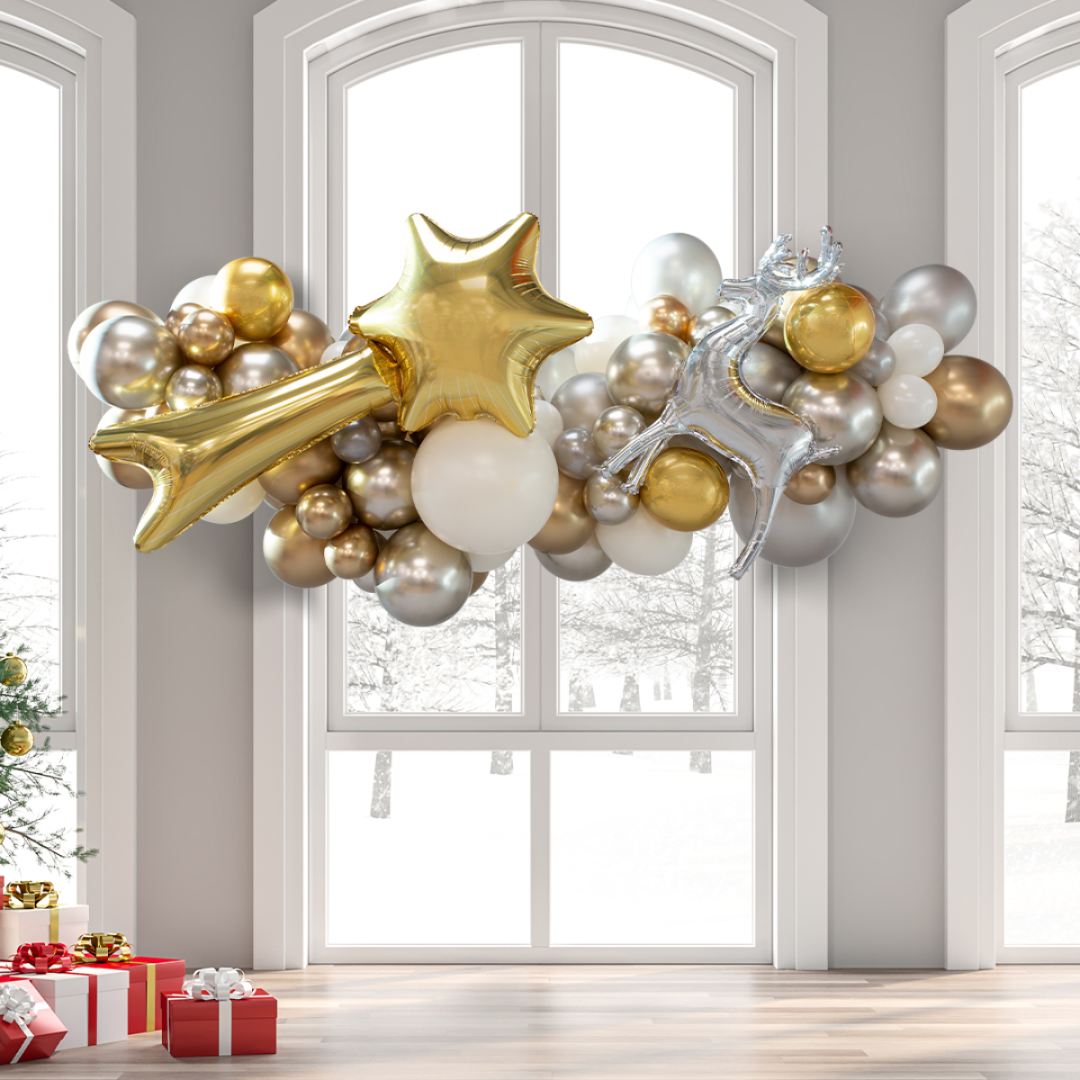 Personalised Christmas Balloon Gold and Silver with Golden Reindeer and Star Balloon Arch
